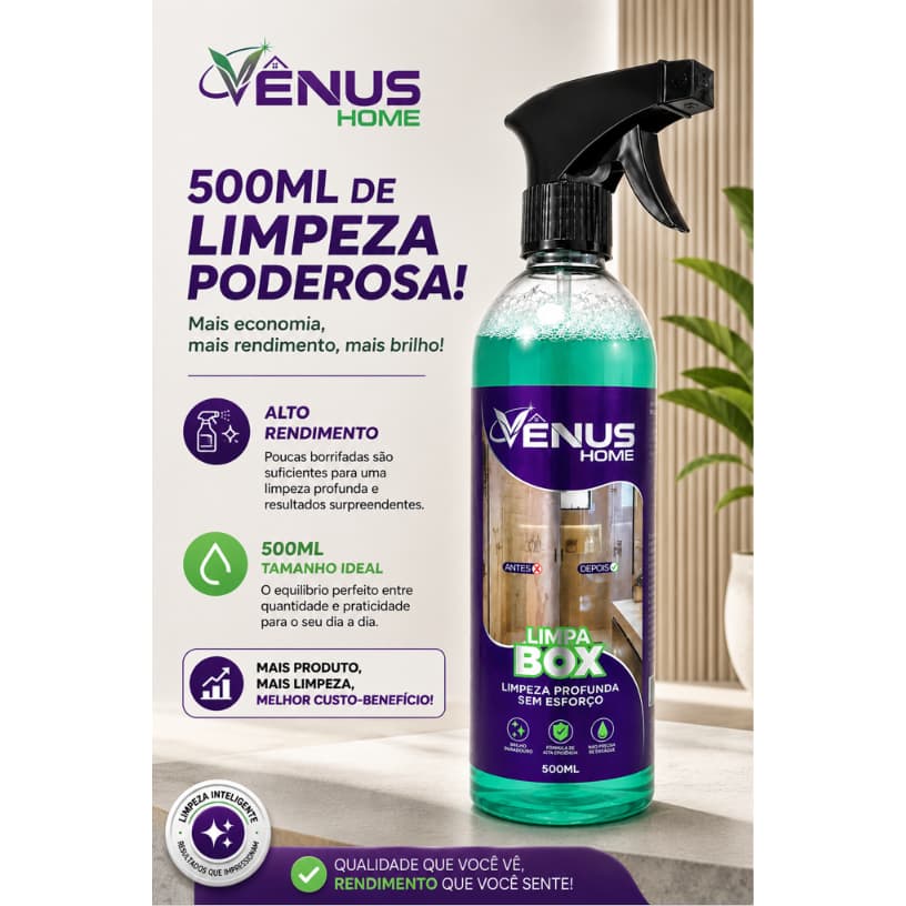 Limpa Box Banheiro Vidro Blindex Banheiro em Segundos - Tira Calcário, Manchas e Gordura | Vênus Home 500ML