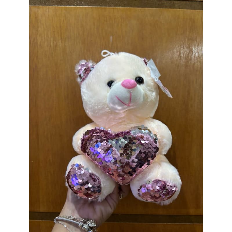 Urso de Pelúcia com Coração de Lantejoulas Branco e Rosa para Presente Especial