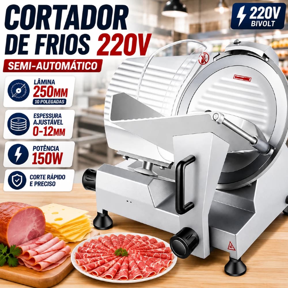 Cortador de Frios Semi-Automático 220V 250mm 150W Lâmina 10'' Ajustável 0-12mm para Carne Presunto Queijo