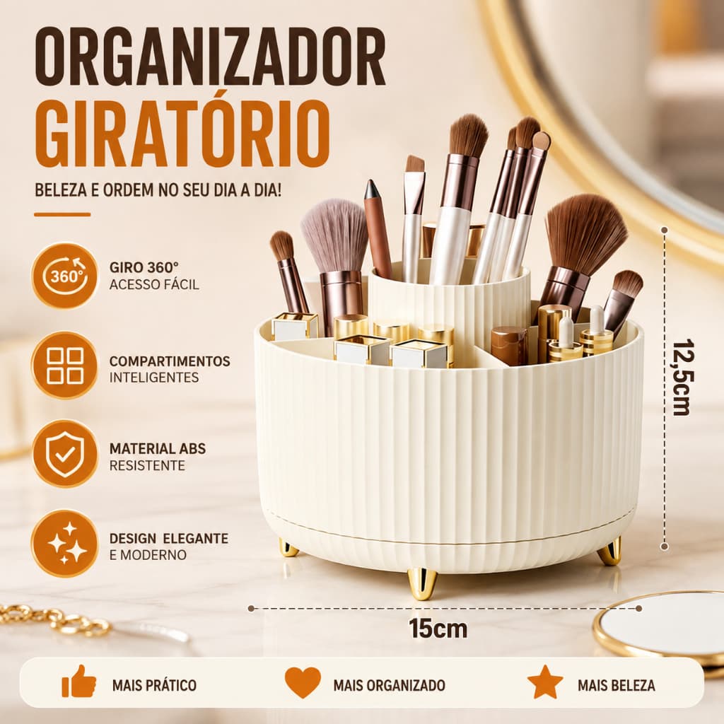 Organizador Giratório 360° Porta Maquiagem Porta Pincéis Grande Capacidade ABS Reforçado Branco Marfim