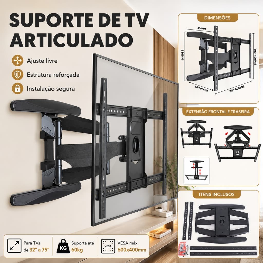 Suporte Tv Grande Gigante Articulado 55 A 85 Reforçado Giant Preto Suporte De Parede