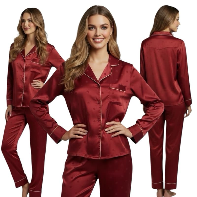 Conjunto Pijama vermelho com corações cetim premium, manga longa e calça.