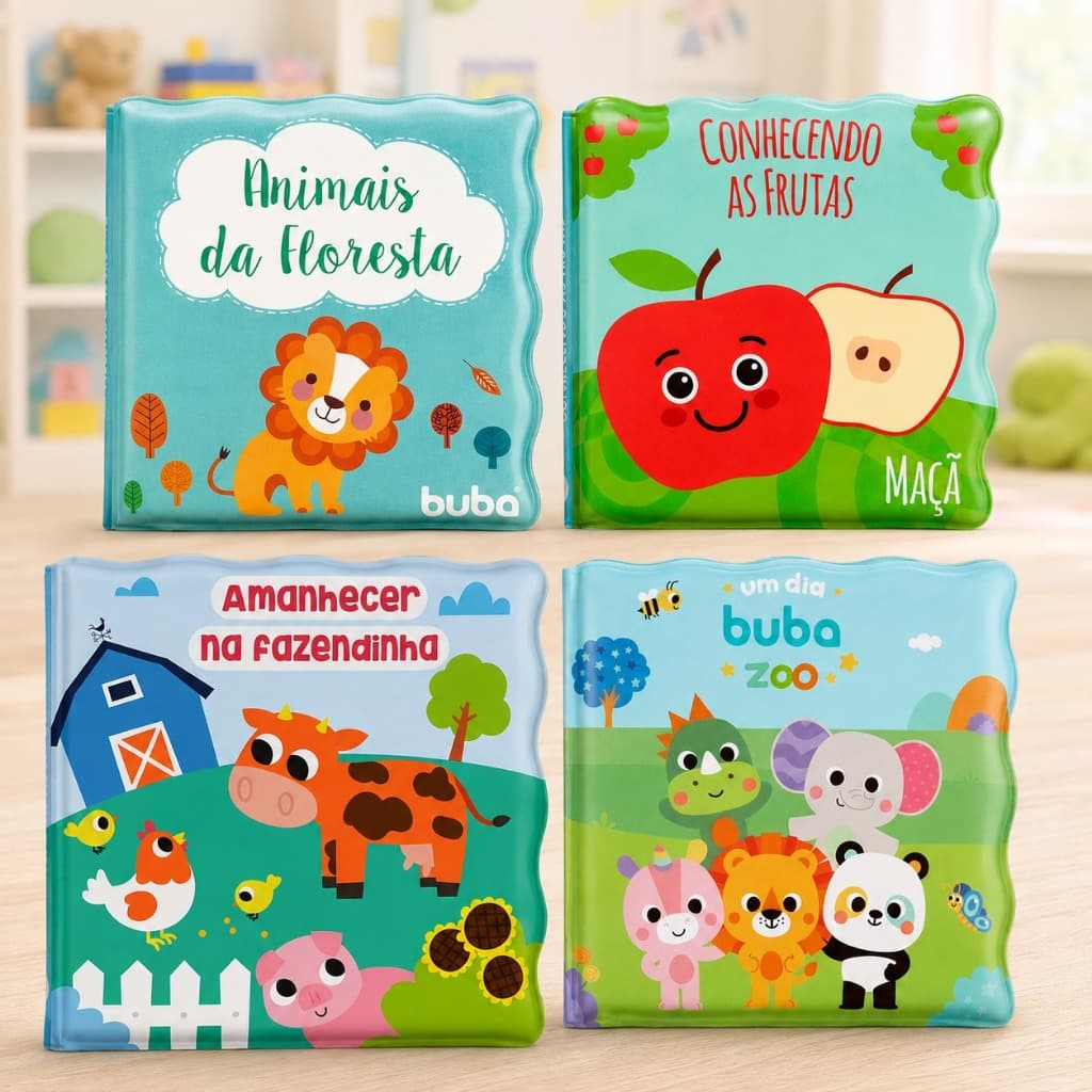 Kit 4 Livrinhos de Banho Infantil Buba – Animais, Frutas, Fazendinha e Zoo – Educativo Bebê