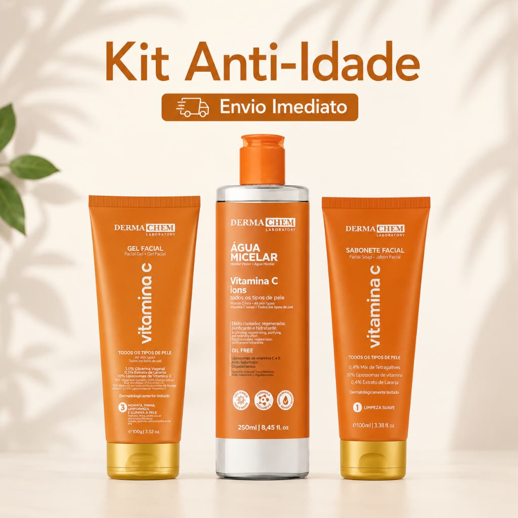 Kit Anti-Idade Clareador Vitamina C Dermechem Sabonete 100mls + Gel Hidratante 100g + Água Micelar 250 mls Firmador