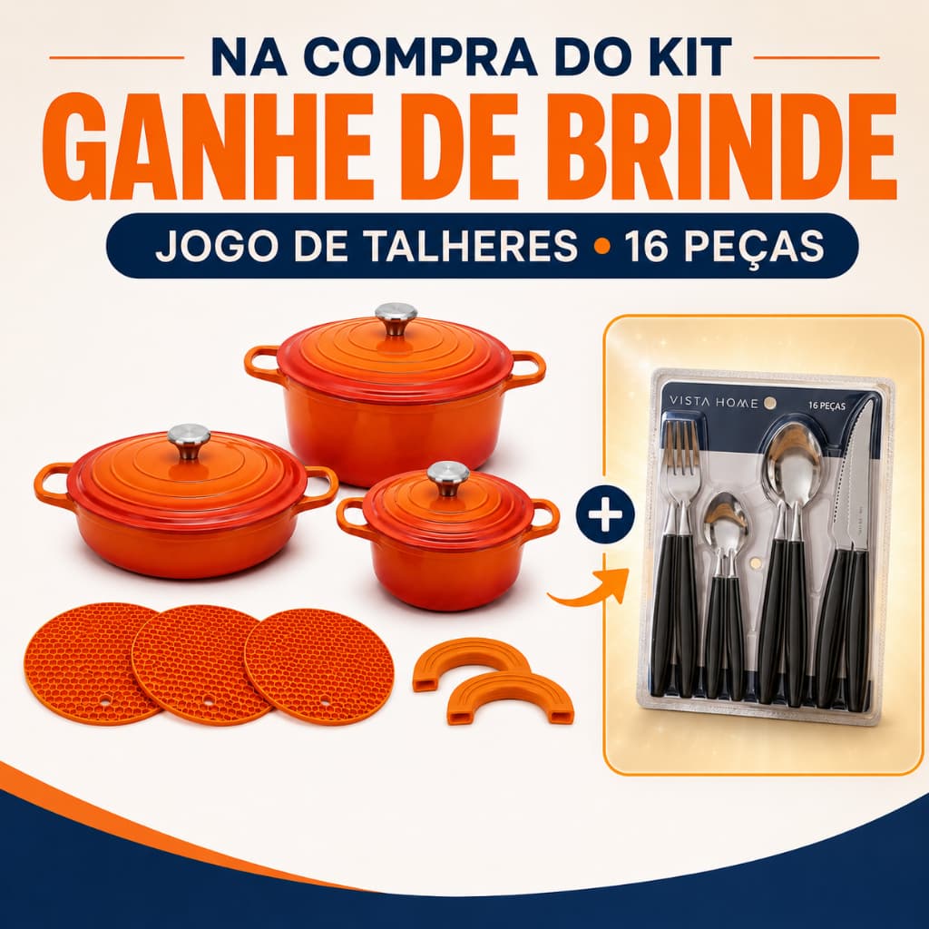 Kit 3 Caçarolas Cerâmicas Antiaderentes + Pegadores + Jogo de Talheres 16 Peças Brinde