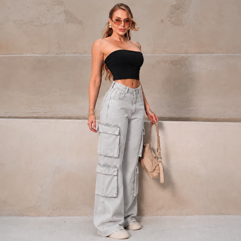 Calça Wide Leg Cargo Jeans Feminina Off White com 4 Bolsos Laterais Premium