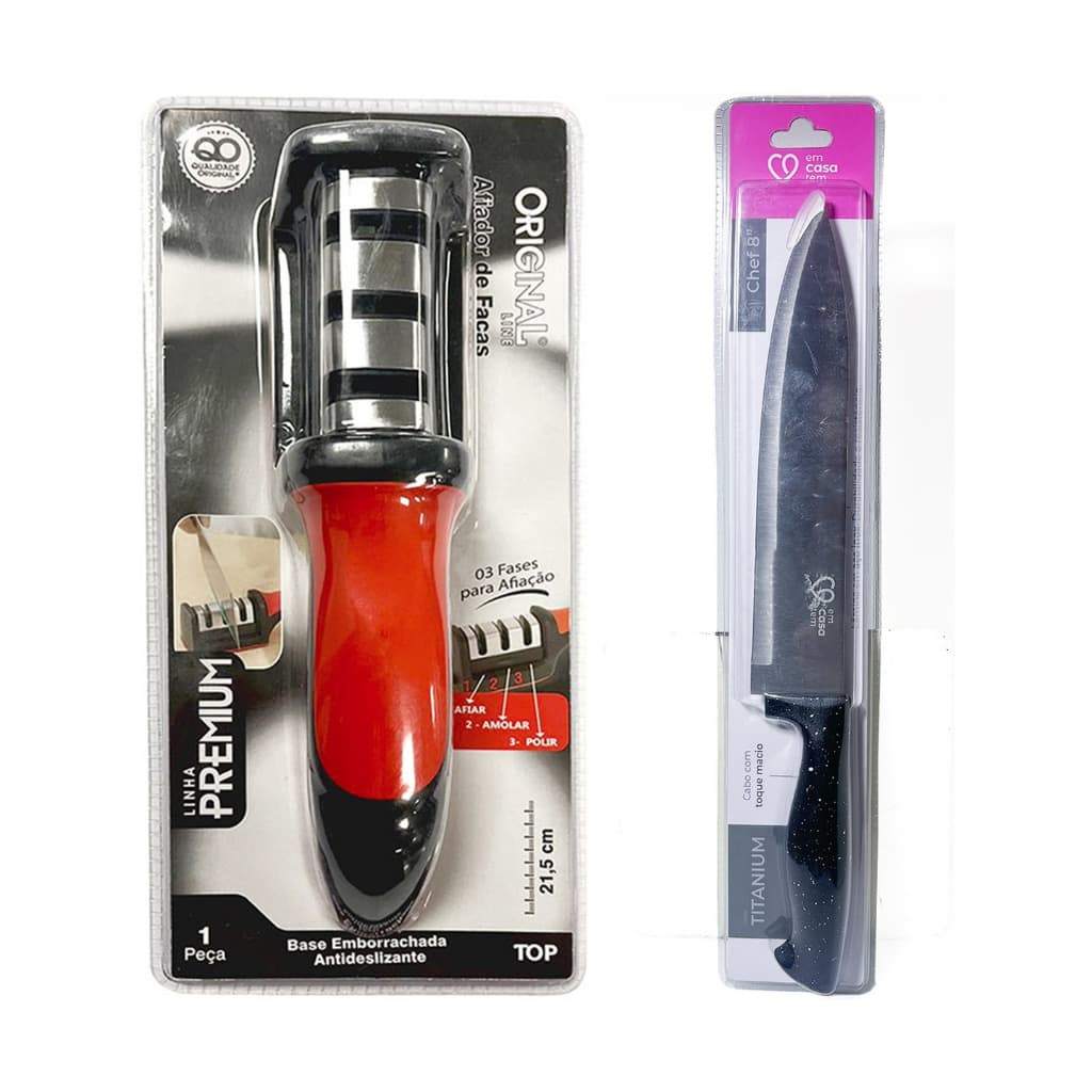 Kit 2 peças Faca do Chef 8" EmCasaTem + Afiador de Facas Premium Top Original
