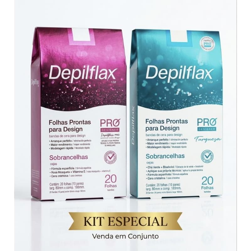 Depilflax 100 PRO DESIGNER Rosa Mosqueta + Vitamina E - Kit 20 Folhas Prontas Cera Depilação Facial Sobrancelhas