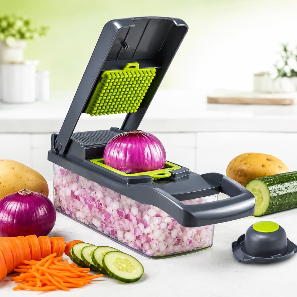 Ralador Multifuncional 16 Pecas Cortador Fatiador Manual Legumes Frutas Cozinha Pratica Cinza Verde