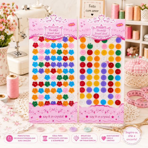 Cartelas de botões para artesanato 1cm - flor/estrela/círculo/redondo - Strass adesivo - cores sortidas