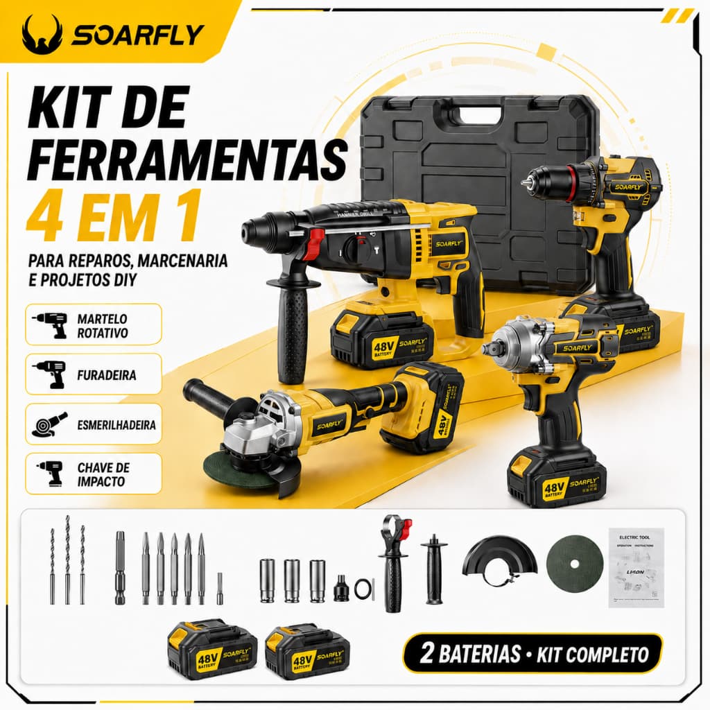 SOARFLY 4in1 Tool Kit Brushless Hammer Drill Grinder Sander Screwdriver Impact Wrench 2 Batteries 48v