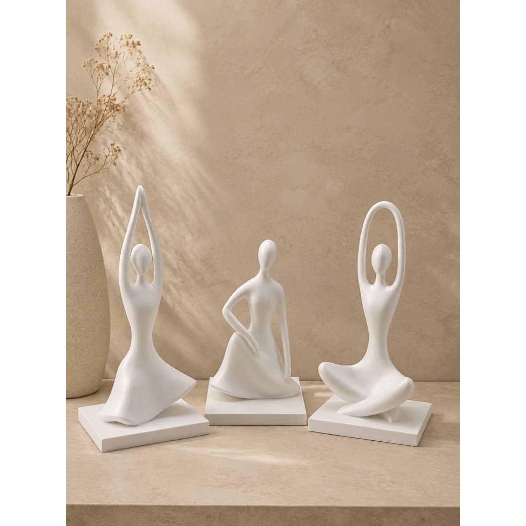 Kit 3 Estátuas Mulher Abstrata Escultura Decorativa Bailarina Yoga Moderna Sala Quarto Enfeite Minimalista Branco