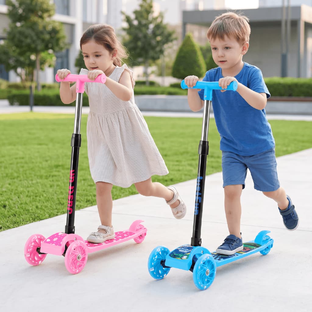 Patinete Infantil 3 Rodas Luz de LED Dobrável Portátil Altura Regulável Freio Traseiro Suporta 40kg Azul Rosa