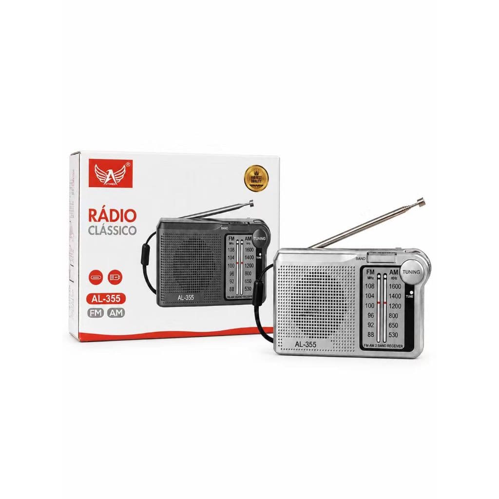 Rádio Portátil Clássico AL‑355 FM e AM, Antena Telescópica Sensível, Alto‑falante Integrado, Entrada para Fone de Ouvido
