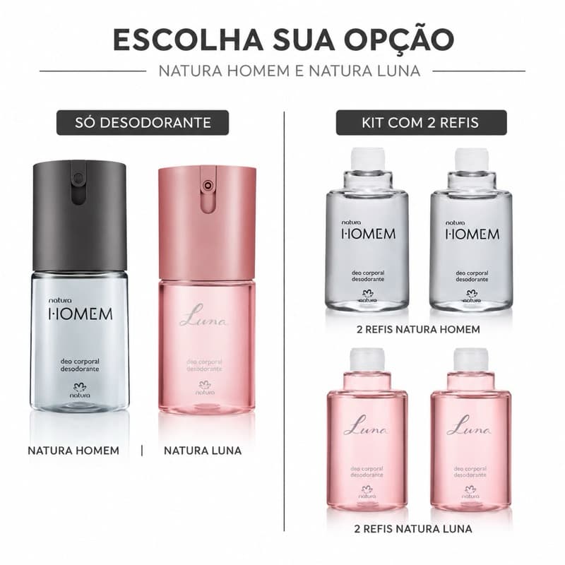 Desodorante Natura Homem ou Luna 100ml | Kit 2 Refis