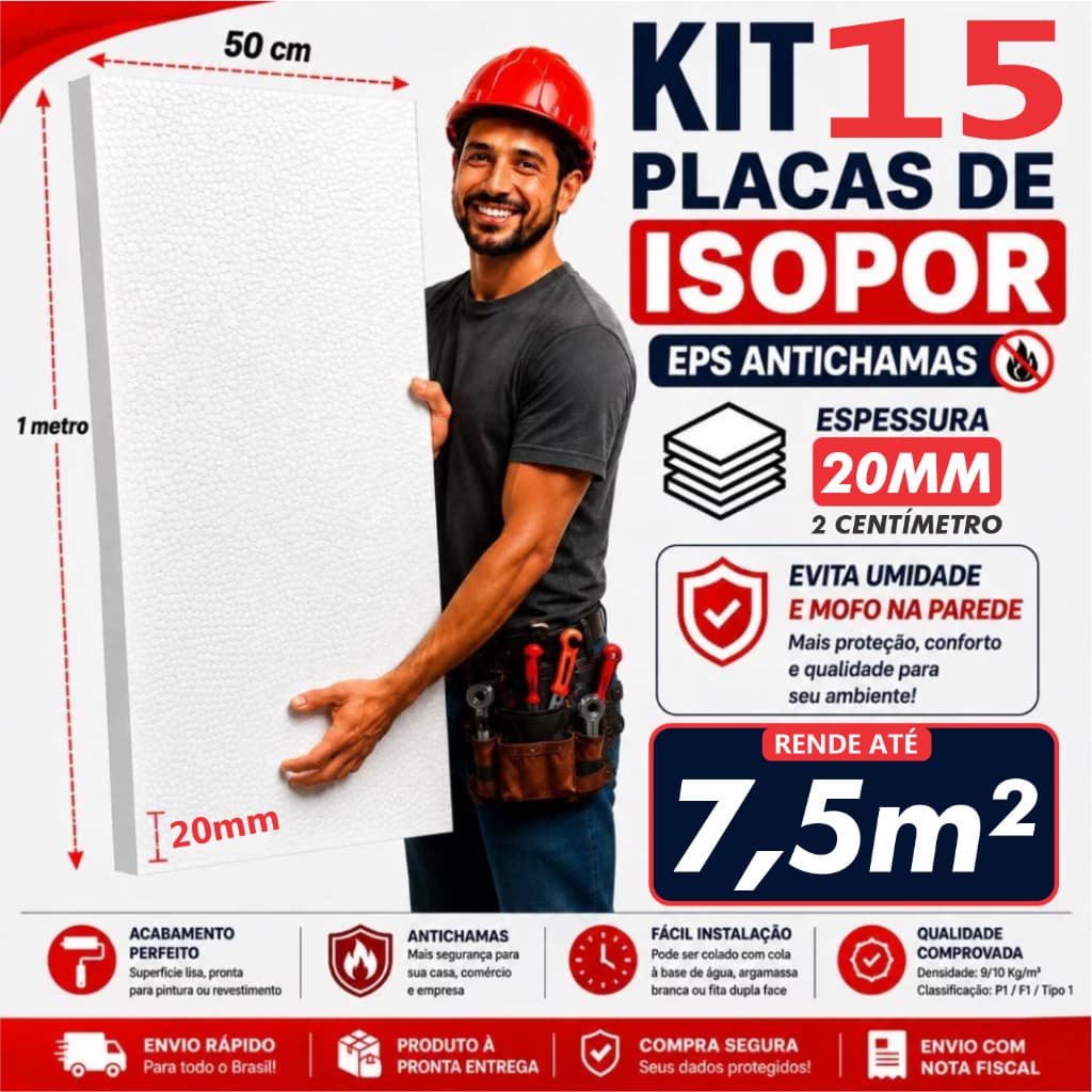 15 Placas Forro EPS Antichamas Espessura 20mm - 100x50x2cm Térmico Acústico - Envio Imediato