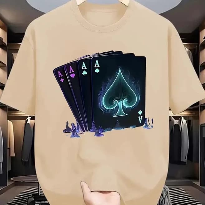 Camiseta Algodão Casual Adulto Carta Baralho As de Espadas