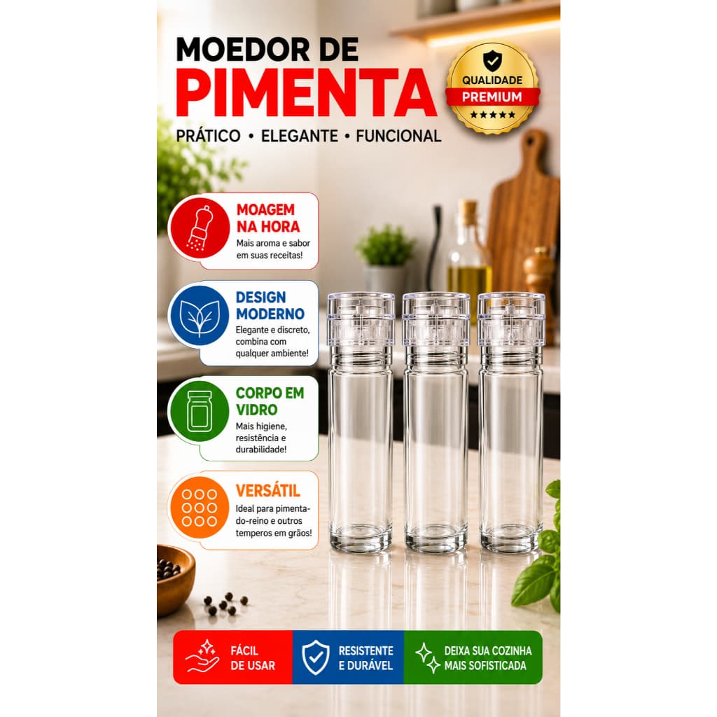 kit com 3 Moedor de Pimenta Manual em Vidro Gourmet para Pimenta e Temperos