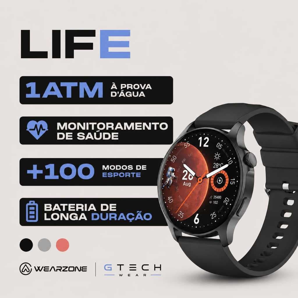 Smartwatch Wearzone Life 45mm Tela Amoled 100 Modos Esporte Comando De Voz Atende Ligacao Resistente 1ATM