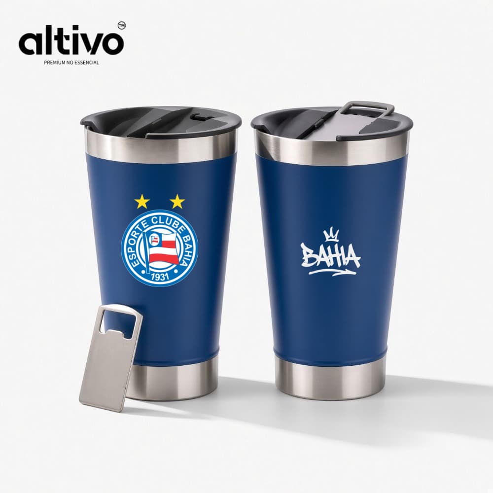 Copo Térmico Esporte Clube Bahia Time de Futebol 473ML com Tampa Rosqueável e Abridor em Aço Inoxidável