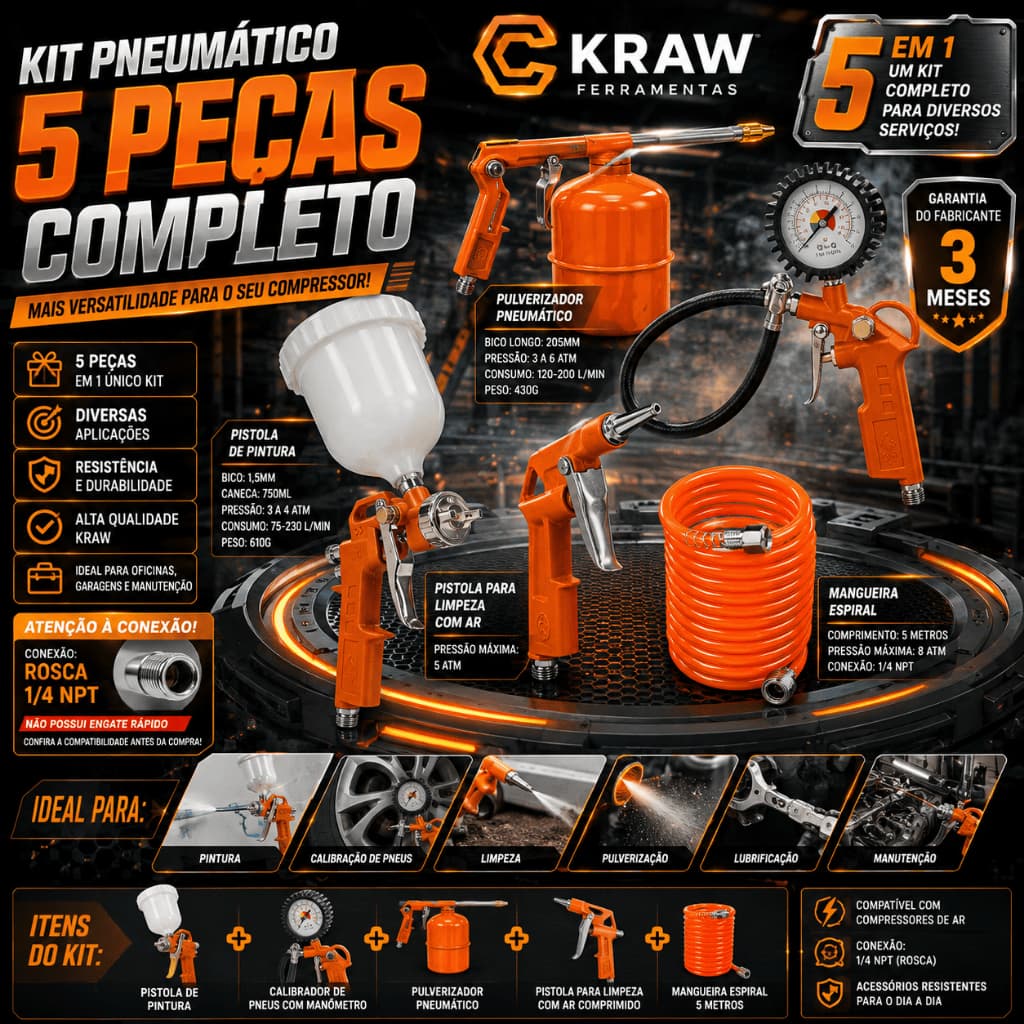 Kit Pneumático 5 Peças Compressor Pistola Pintura Calibrador Mangueira 5m Rosca 1/4 NPT KRAW Completo