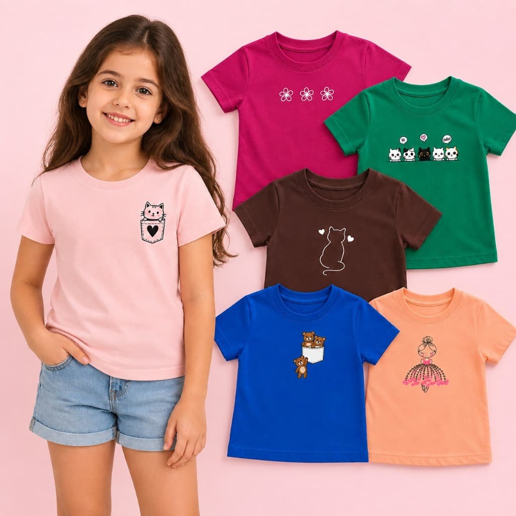 KIT COM 5 PEÇAS BLUSA INFANTIL 100% ALGODÃO CAMISETINHA PARA CRIANÇA FEMININA BLUSINHA DE MENINA MANGA CURTA