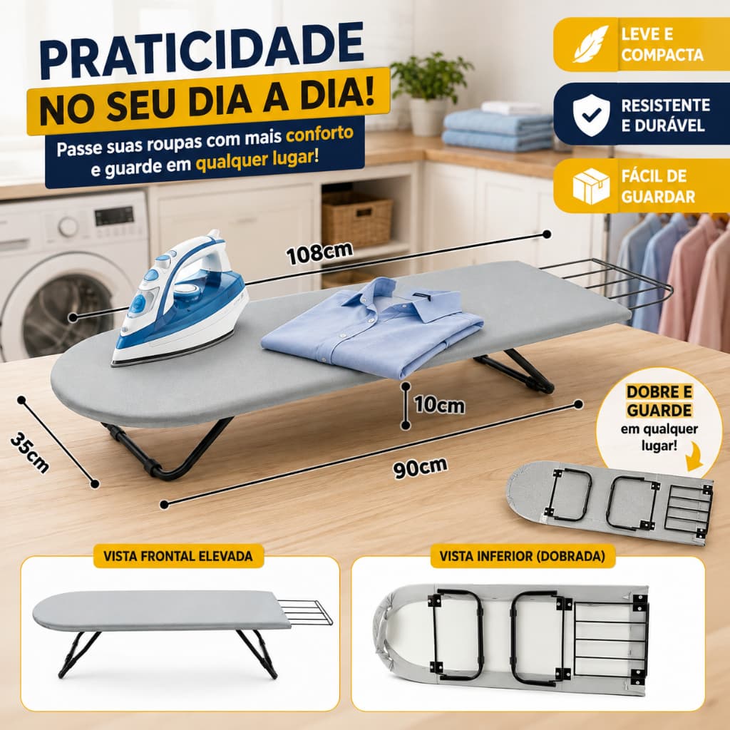 Mesa de Passar Compacta Tábua de Passar Portátil Tábua Passadeira de Aço Reforçada Cor Preto Capa Térmica Suporte Ferro
