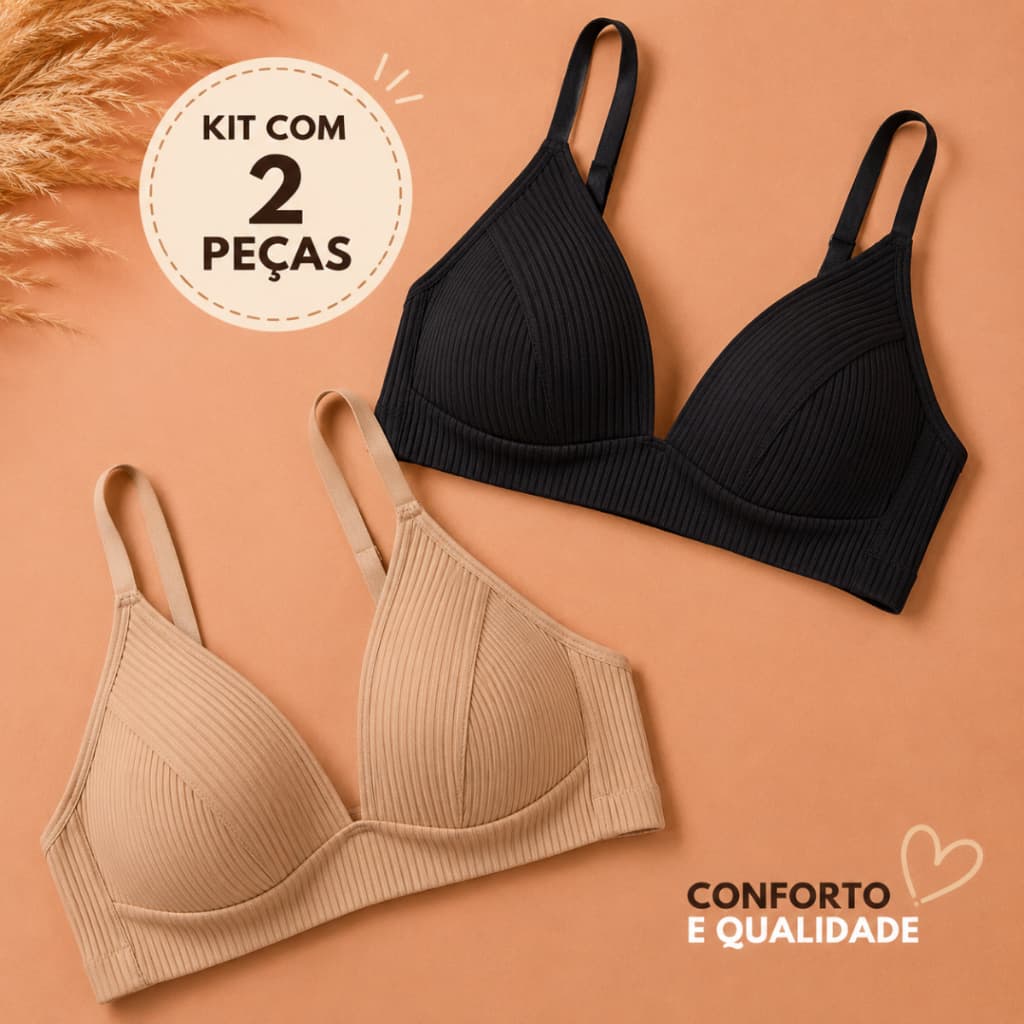 Kit 2 Sutiã Sem Aro Com Bojo Canelado Macio Sustentação Alça Regulável
