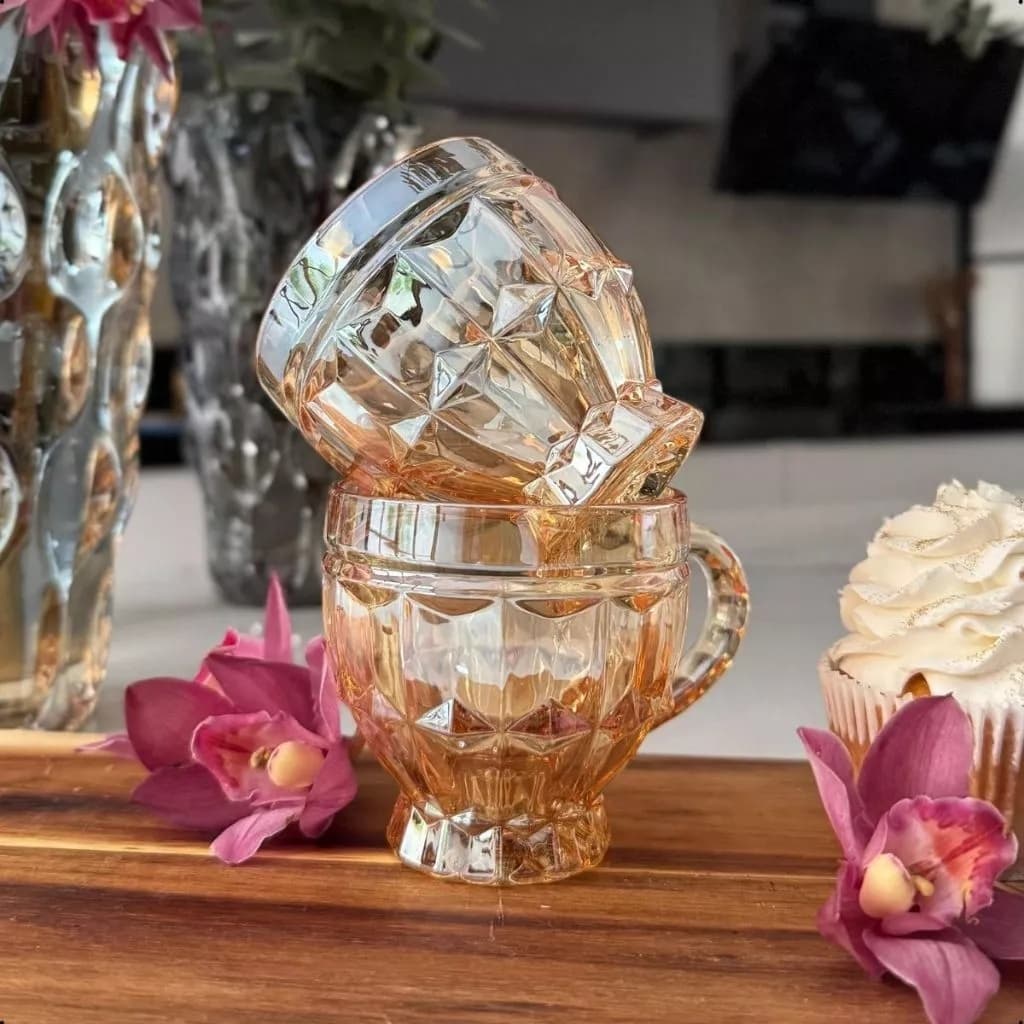 Jogo de Xícara Vidro Lapidado com 6 Riviera Âmbar 220ml - Vidro Resistente Café, Chá ou Cappuccino