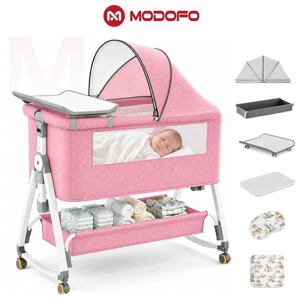 Kiumo Berço Portátil Moisés 12 em 1 para Bebê Co-Bed Balanço Mosquiteiro Trocador Cesto 6 Níveis de Altura