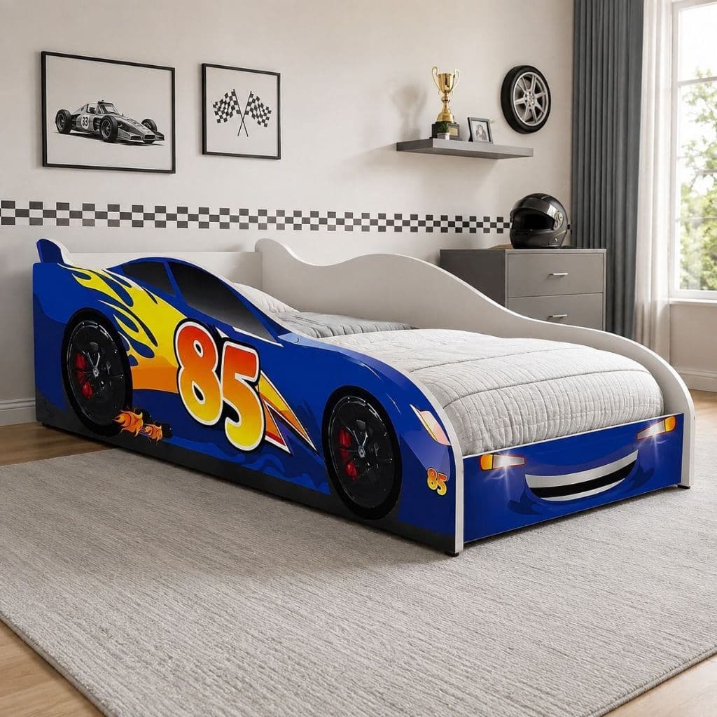 Cama Montessori Carro Azul Acompanha Colchão Baixa e Grades Elevadas para Quarto Menino