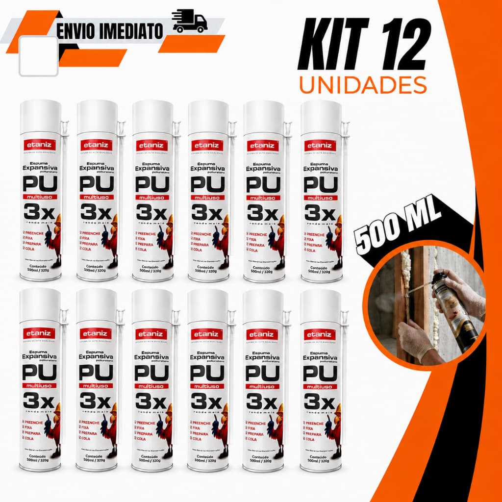 12 Unidades Espuma Expansiva Profissional 500ml/310gr - Atacado