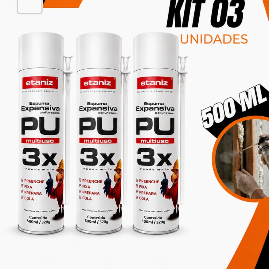 3 Unidades Espuma Expansiva Profissional 500ml/320gr