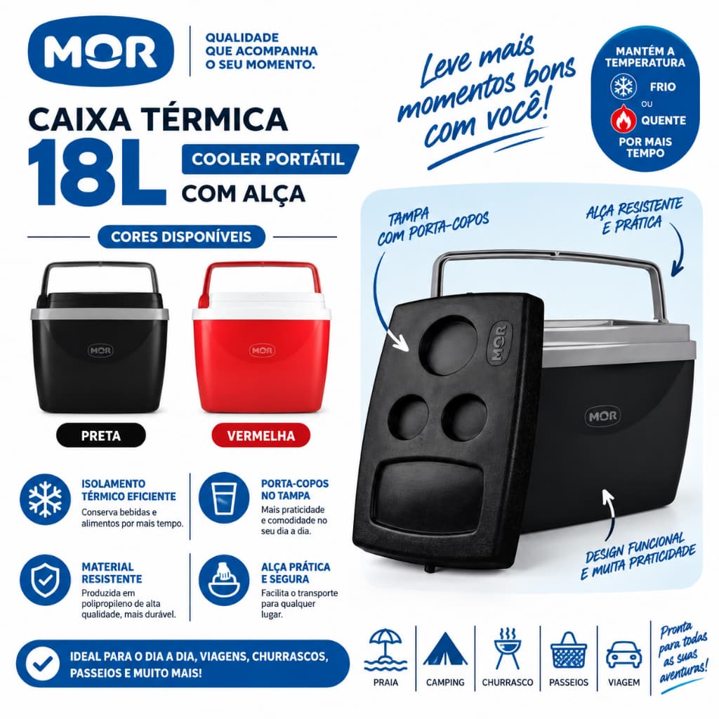 Caixa Térmica 18 Litros Mor Cooler Portátil com Alça para Praia Camping Churrasco Viagem Preta Vermelha