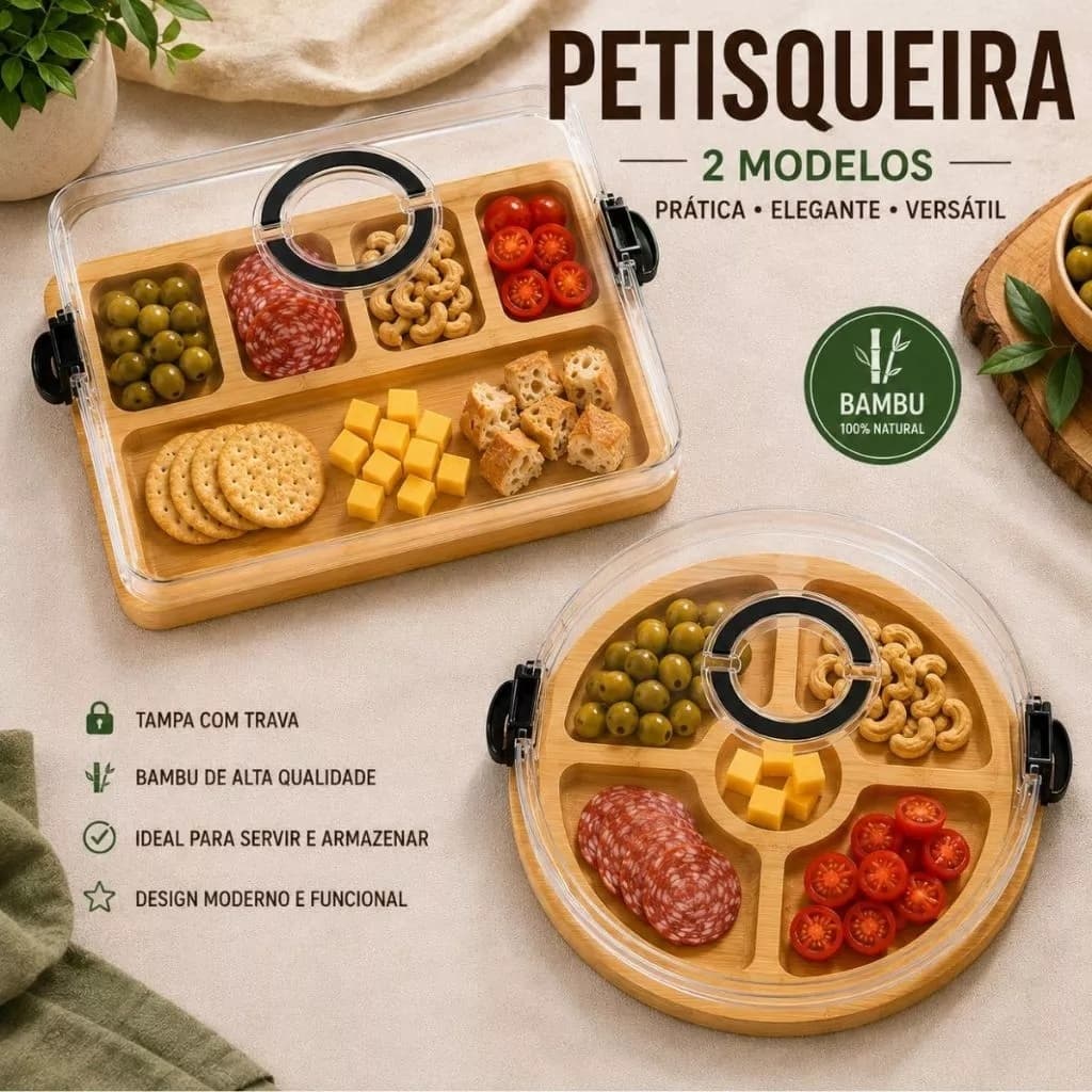 Petisqueira Bambu C/Tampa Porta Frios mesa posta acrílico aperitivos queijos bandeja café cama manhã dia d