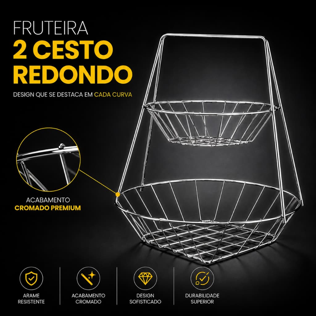 Fruteira 2 Cestos Redondos Aramada Cromada para Bancada Mesa de Cozinha Expositor de Frutas Moderno Águia de Aramados