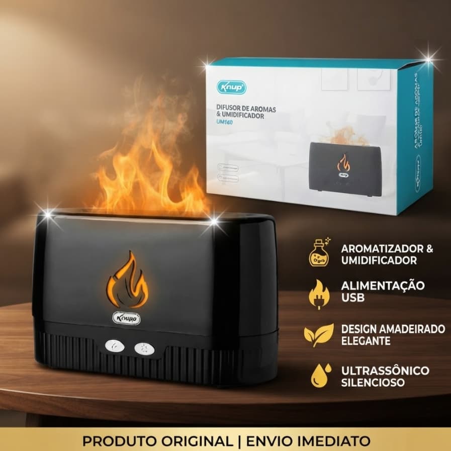 Umidificador Ultrassônico LED Efeito Chama USB Aromatizador