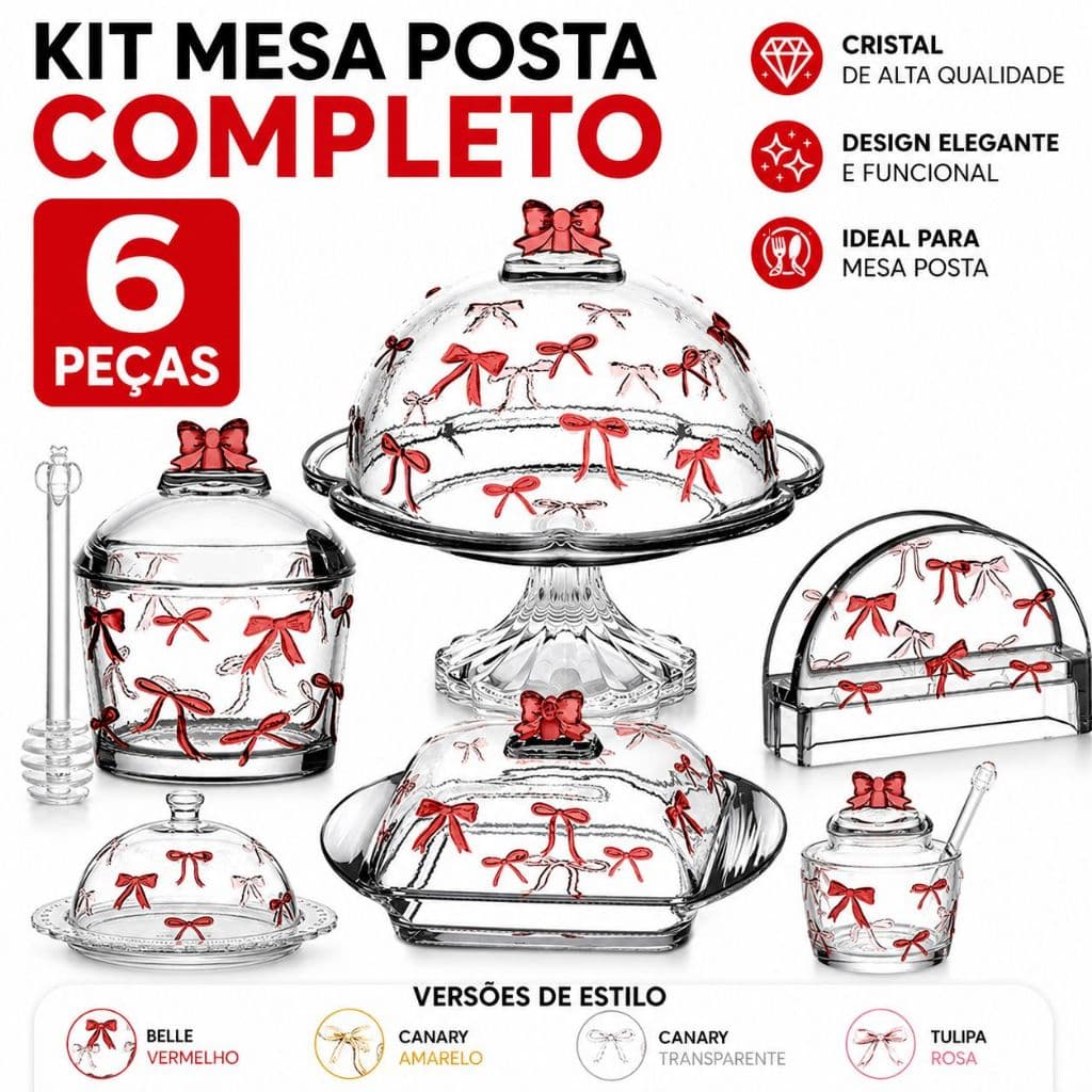 Kit Mesa Posta Cristal Luxo Boleira Porta Guardanapo Açucareiro Manteigueira Queijeira