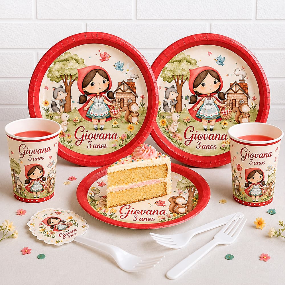 Kit Prato de Bolo e Copo e Talher Chapeuzinho Vermelho Personalizados Festa Infantil Aniversario 10 15 20 25 30 kit