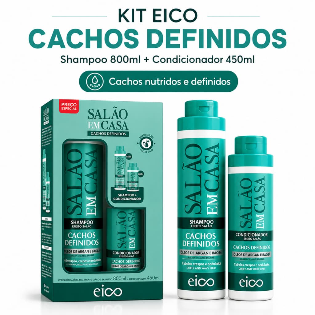Kit Eico Salão em Casa Cachos Definidos Shampoo 800ml + Condicionador 450ml