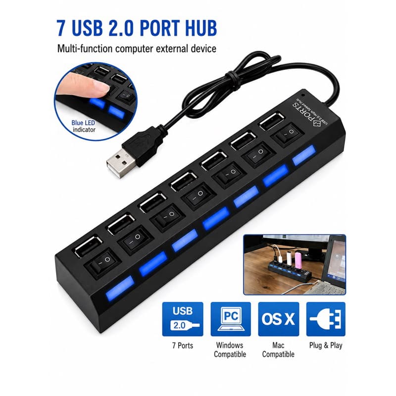 Adaptador Usb Expansor Pc Acessórios7 entrada Usb Hub 2.0 Multi Usb Tomada Adaptador Extensor 7 portas