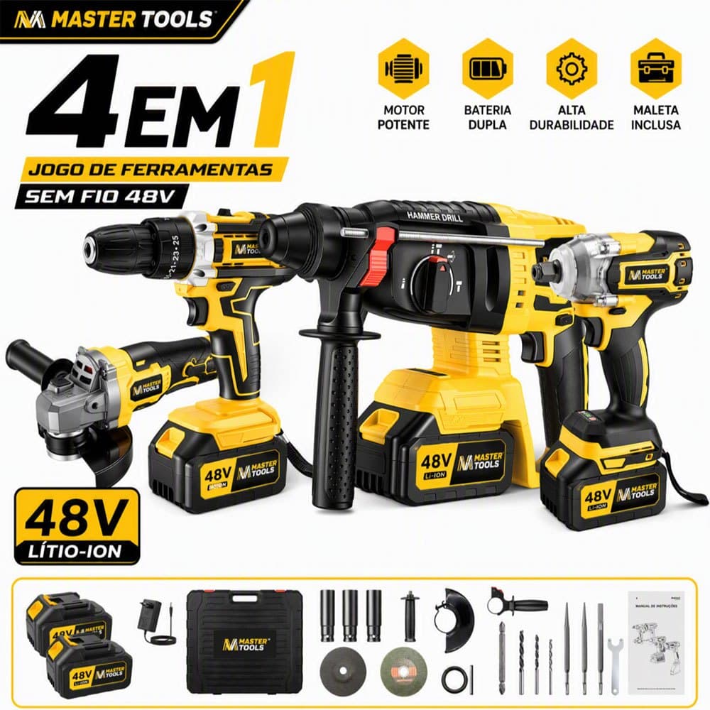 Kit 48V Profissional 4 em 1 Maleta Plástica e 2 Baterias Parafusadeira Esmerilhadeira e Chave Impacto