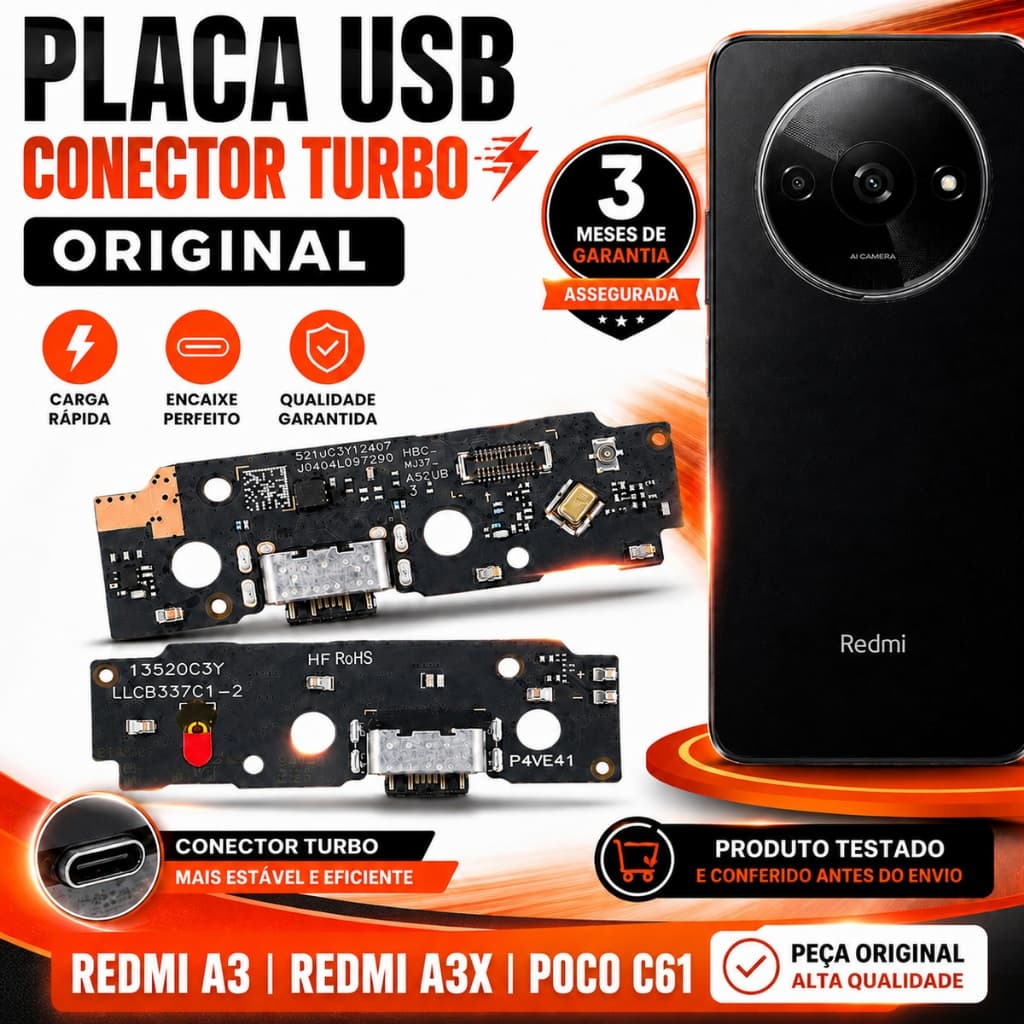 Dock Sub POCO C61/Redmi A3/A3X Placa USB Conector Carga Original Turbo Reposição Alta Qualidade