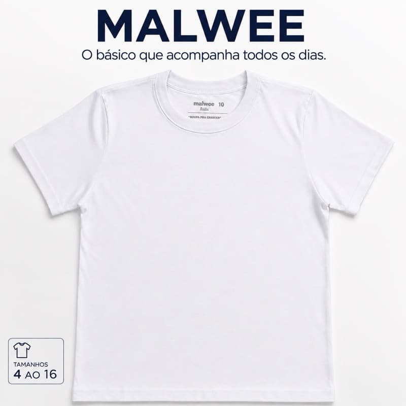 Camiseta Infantil Branca Malwee Kids Menino Menina Básica Manga Curta Dia a Dia Tamanho 4 ao 16