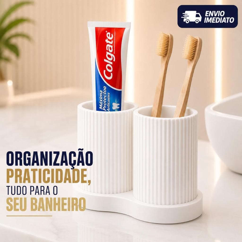 Kit Porta Escovas de Dentes Duplo Elegante para Banheiro Organizado – Suporte para Escovas e Pasta de Dente