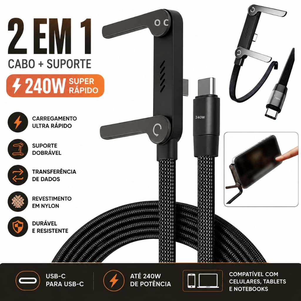 Cabo USB-C com Suporte Dobrável para Celular - Carregamento Rápido e Design Ergonômico 240W