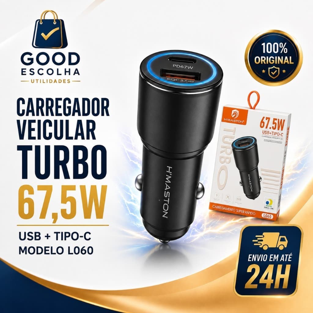 Carregador Veicular Turbo H’Maston 67,5W USB + Tipo-C Carregamento Rápido PD QC3.0 L060