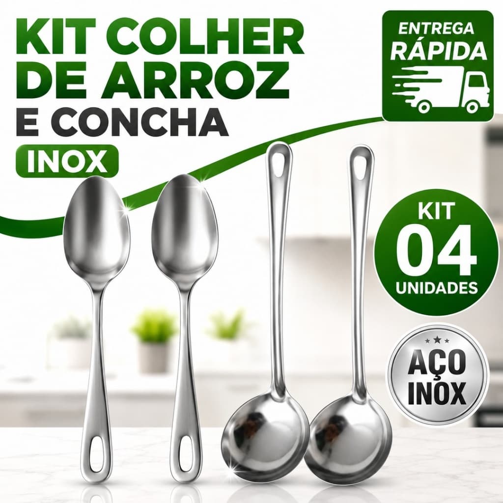 Kit Conjunto Utensílios de Inox Duas conchas e Duas Colheres de Arroz Para Cozinha, Restaurantes e Buffets.