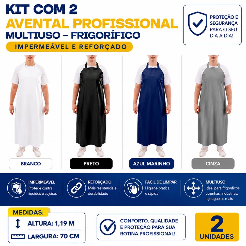 Kit c/ 02 Avental Profissional Higiênico Impermeável Açougue Peixaria Padaria Pizzaria Frigorifico Laboratorio cozinha