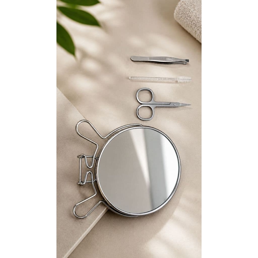 Kit Sobrancelha Completo - Espelho ,Tesoura , Pinça e Escovinha Profissional design, 4 Peças